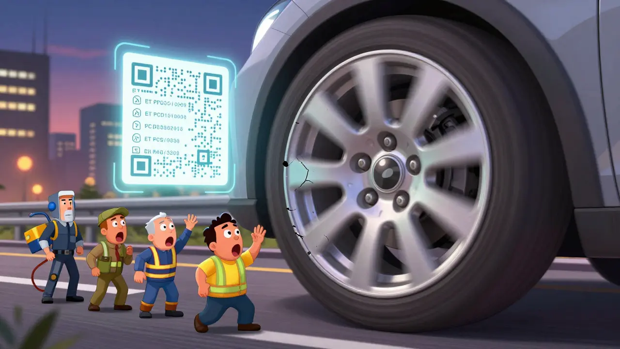 Разбитое колесо на высокой скорости, рядом — сканирующий QR-код с параметрами безопасности.