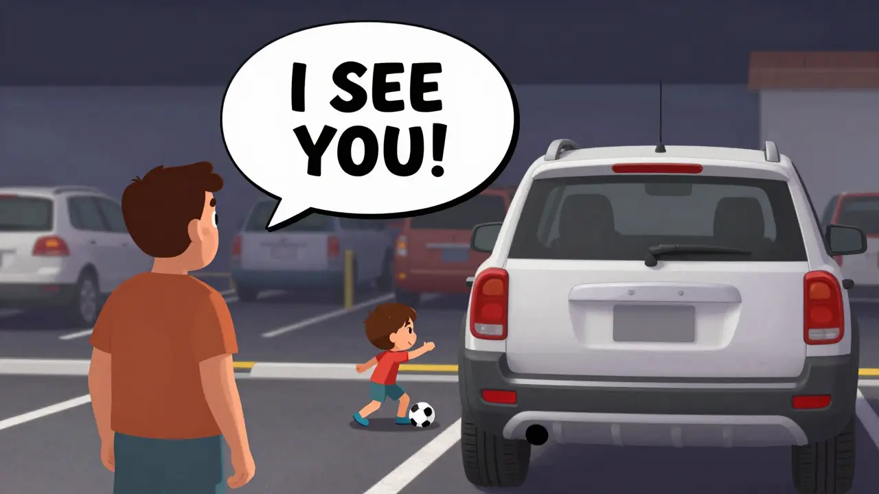 Родитель проверяет зону за внедорожником и замечает ребенка, играющего с мячом, не видимого на камере.