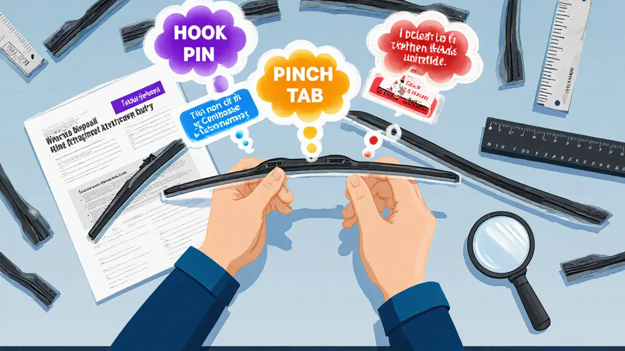 Руки сравнивают три типа креплений дворников на рабочем столе с инструкцией и линейкой.