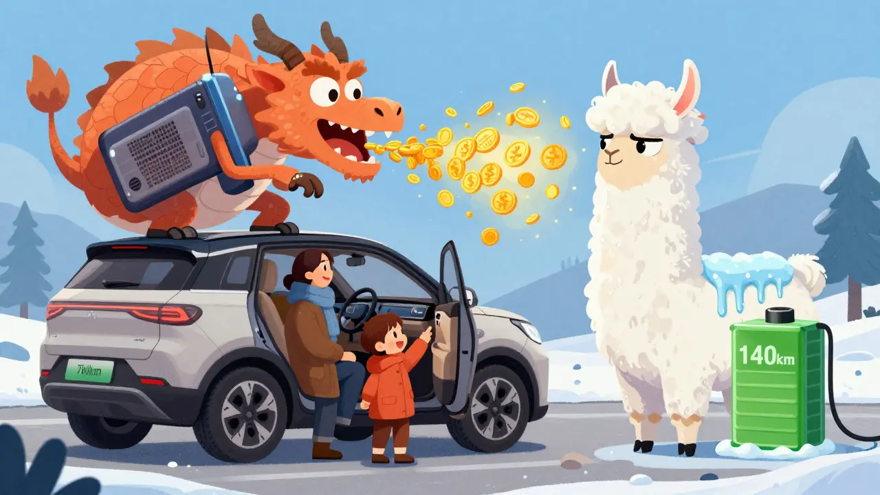Семья в электромобиле, морозный салон, монстр обогрева высасывает энергию из батареи в виде золотых монет.