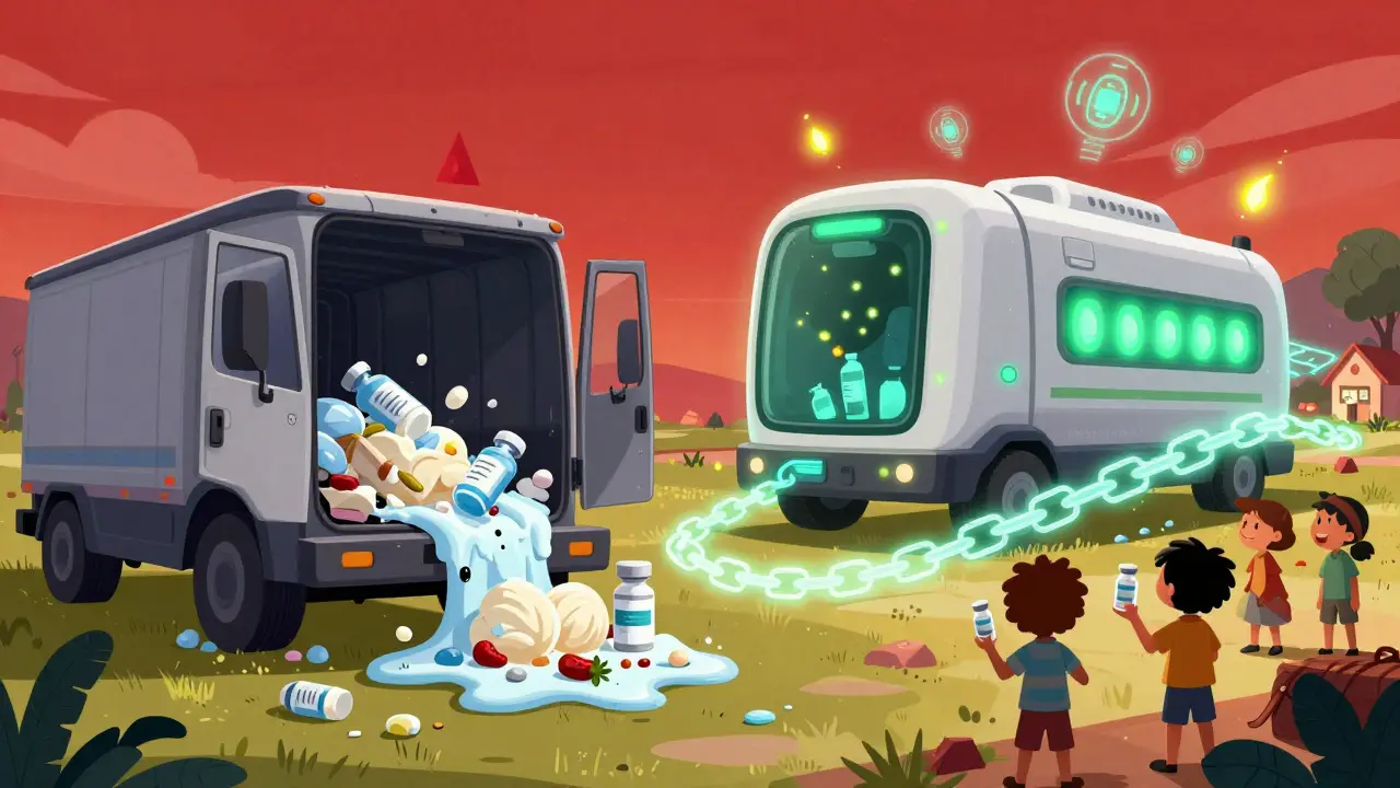 Слева — разрушенная цепь холода с тающим грузом, справа — современный транспорт с IoT-сенсорами, доставляющий лекарства в деревню.