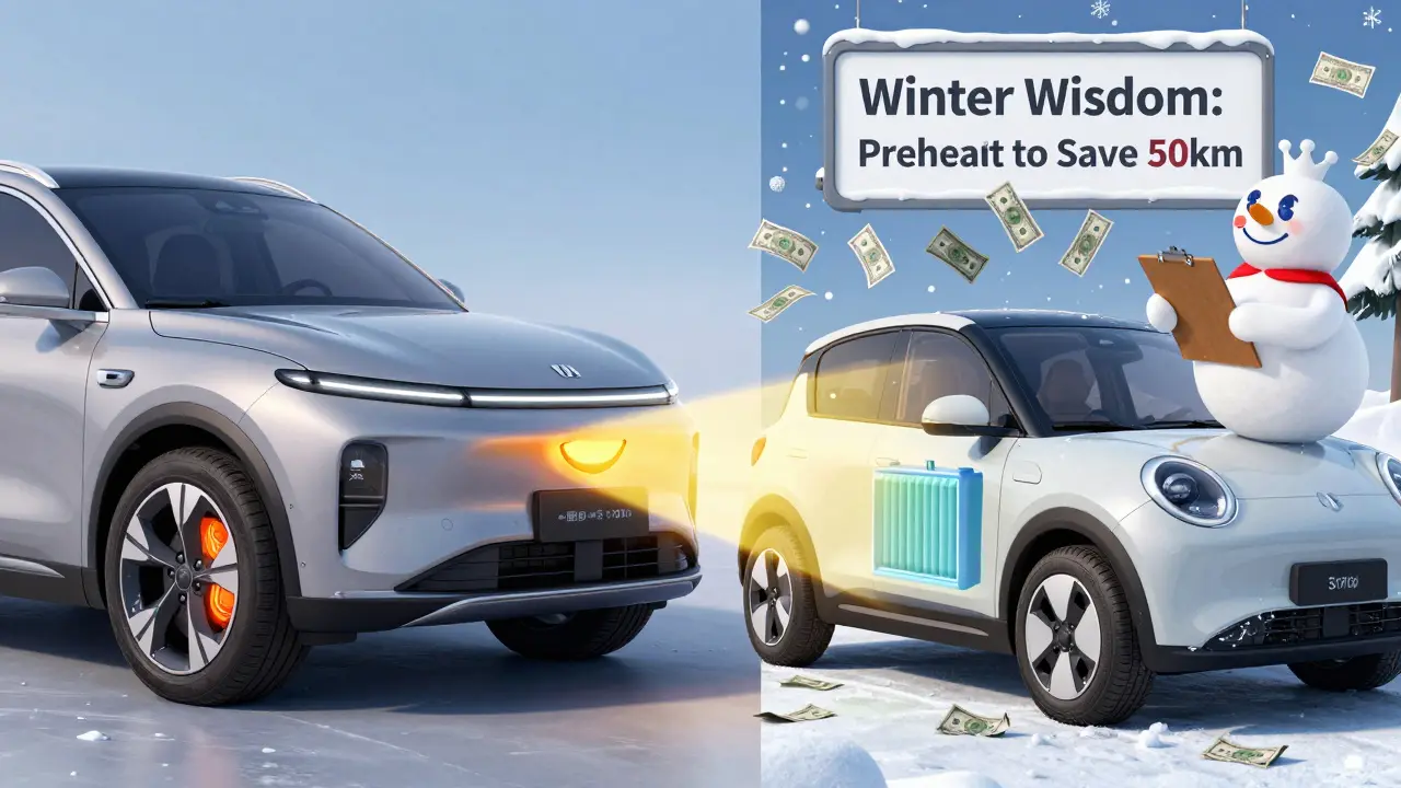 Сравнение: роскошный электромобиль с тепловым насосом и бюджетный — слева тепло, справа холод и падающие деньги.