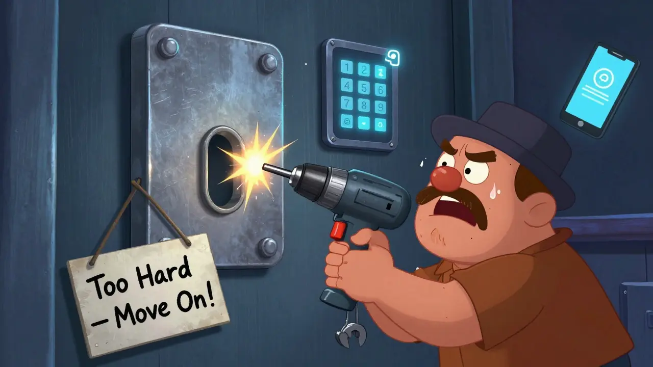 Стальной защитный бар перекрывает замок, вор с дрелью разочарован, рядом мигает уведомление на телефоне.