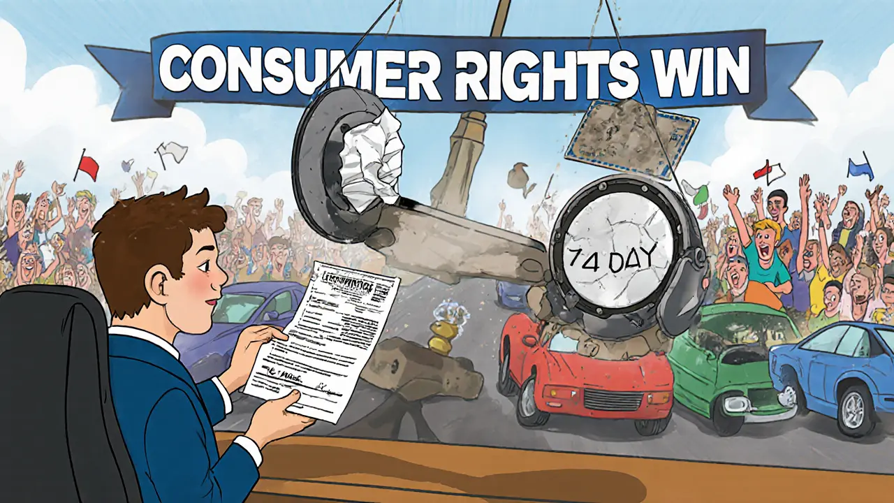 Судебный зал, где весы справедливости склоняются в пользу потребителя, а маленькая табличка &#039;14 дней&#039; разрушается.