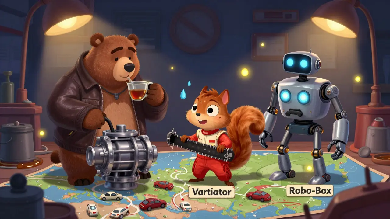 Три персонифицированных коробки передач — медведь, белка и робот — в мастерской, символизирующие надежность, хрупкость и стресс.