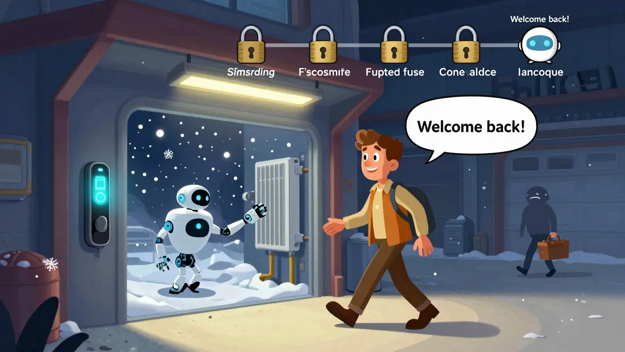 Умный гараж с биометрическим сканером и обогревателем, хозяин подходит, автоматически включается свет, вор уходит с пустым инструментом.