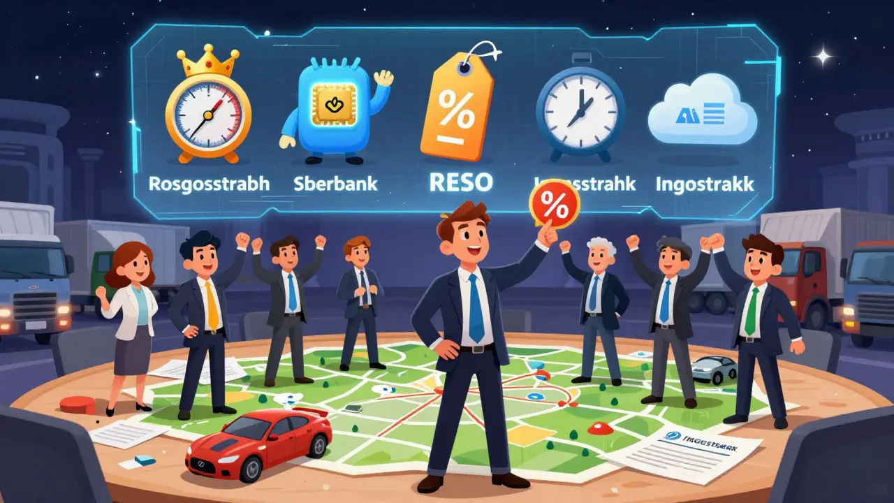 Бизнесмены выбирают страховую компанию вокруг голографических логотипов