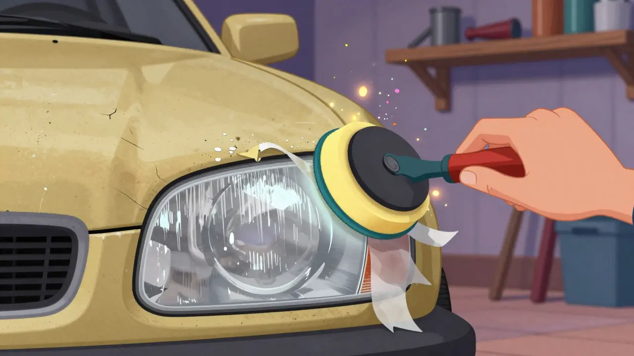 Близкий план фары: половина мутная, половина прозрачная, рука полирует пастой, в воздухе — искры абразива.