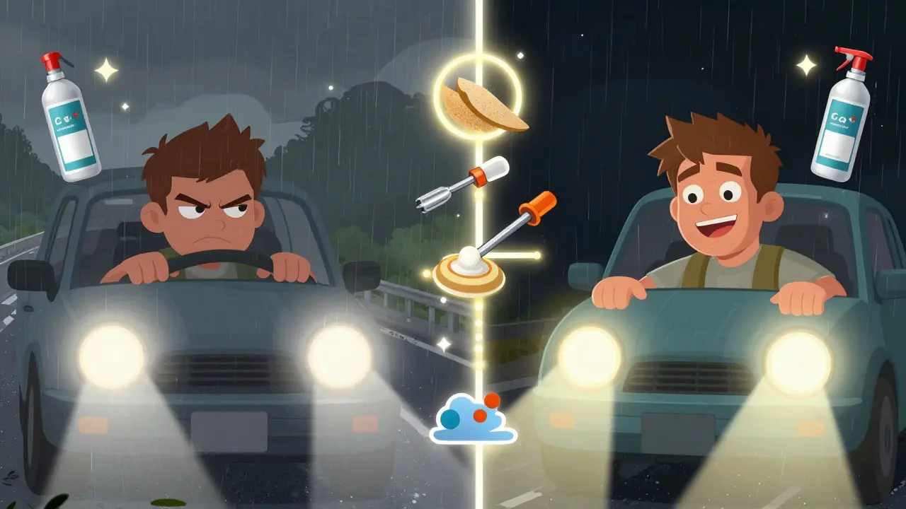 Два сценария: один — водитель в тумане, другой — с яркими фарами, между ними — этапы полировки в виде иконок.