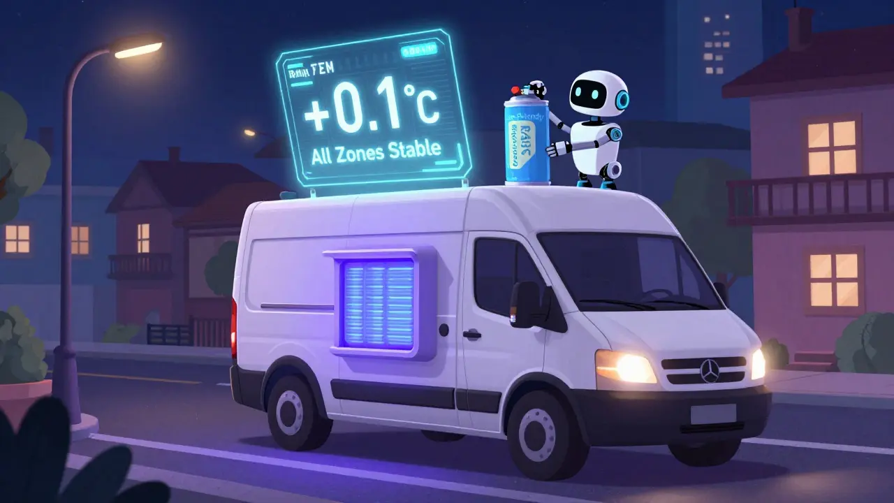 Электрический рефрижератор в городе ночью с голографическим дисплеем температуры и экологичным хладагентом.