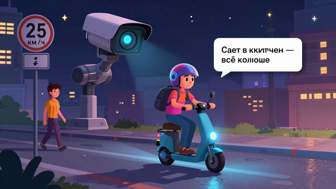 Электросамокатчик едет по тротуару ночью с включёнными фарами под наблюдением камеры.