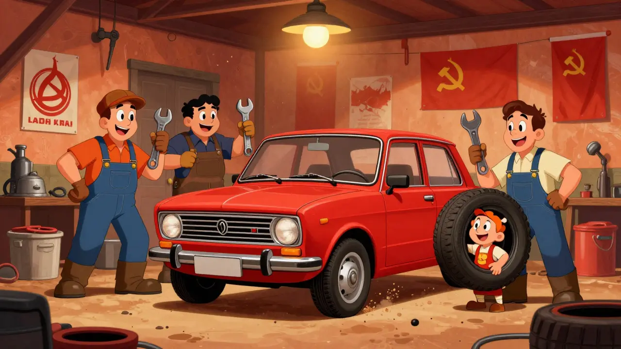 Families and mechanics celebrating around a classic red Lada Kopeyka in a cozy Soviet garage.