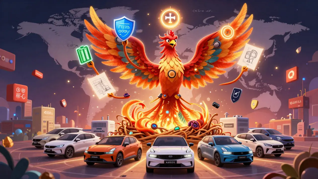 Geely phoenix with multiple brand feathers rising from factories around the world, glowing with innovation.