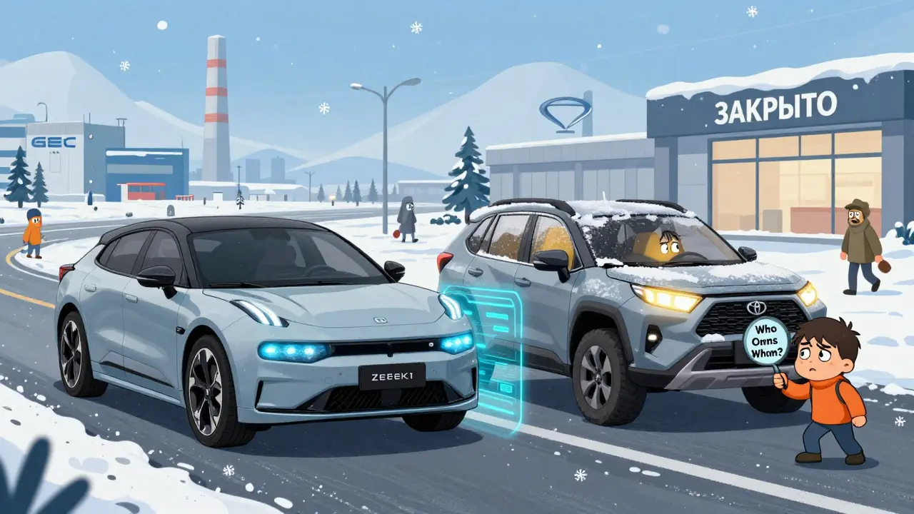 Geely Zeekr и Toyota RAV4 на снегу, покупатель с лупой, закрытый дилерский центр на заднем плане.