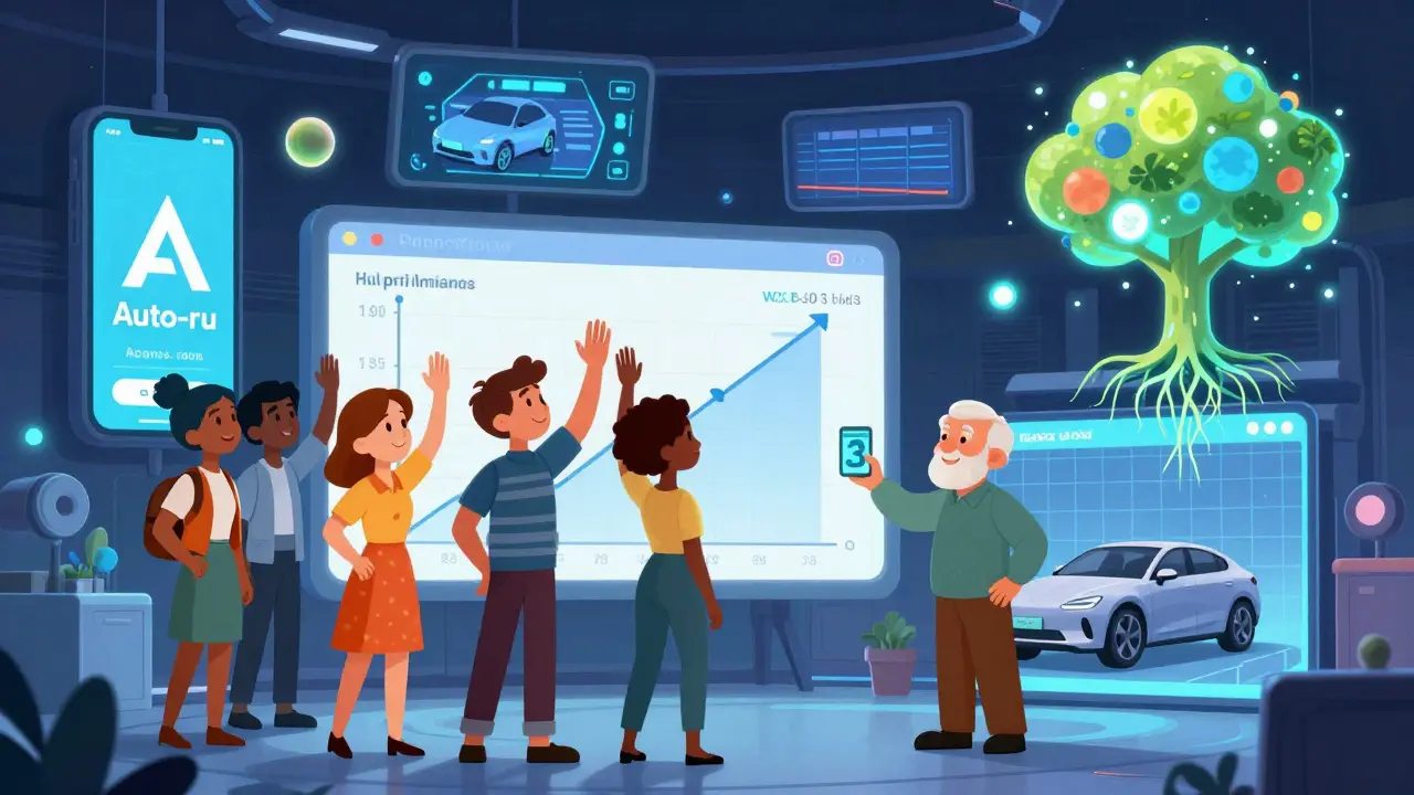 Логотип Auto.ru адаптируется на экранах в гараже, команда радуется росту продаж, пожилой мужчина легко находит машину.