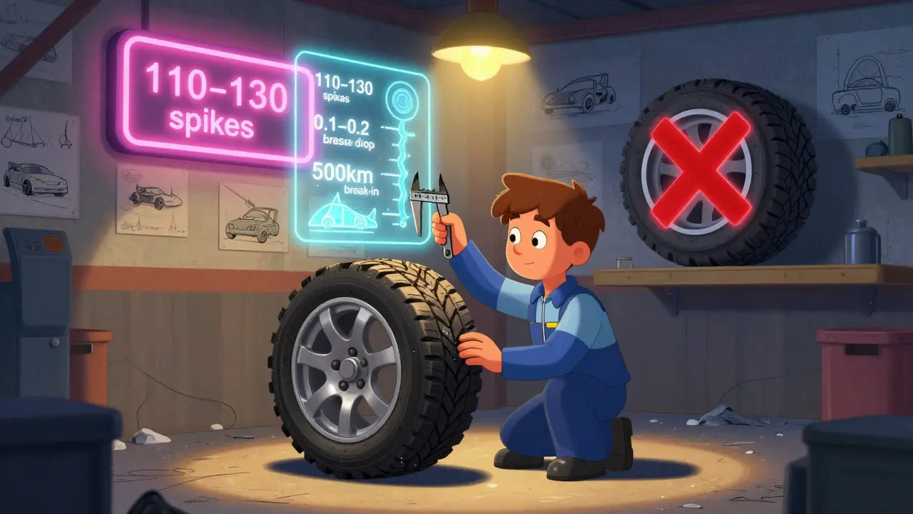 Механик измеряет шипы зимней шины, вокруг — визуальные подсказки о безопасности и уходе.