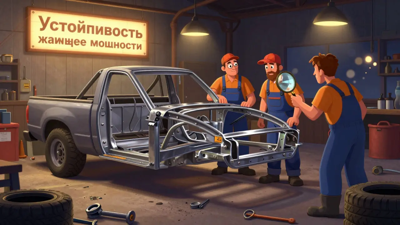 Механики сравнивают прочность рам пикапов в мастерской, подсвеченные теплым светом.