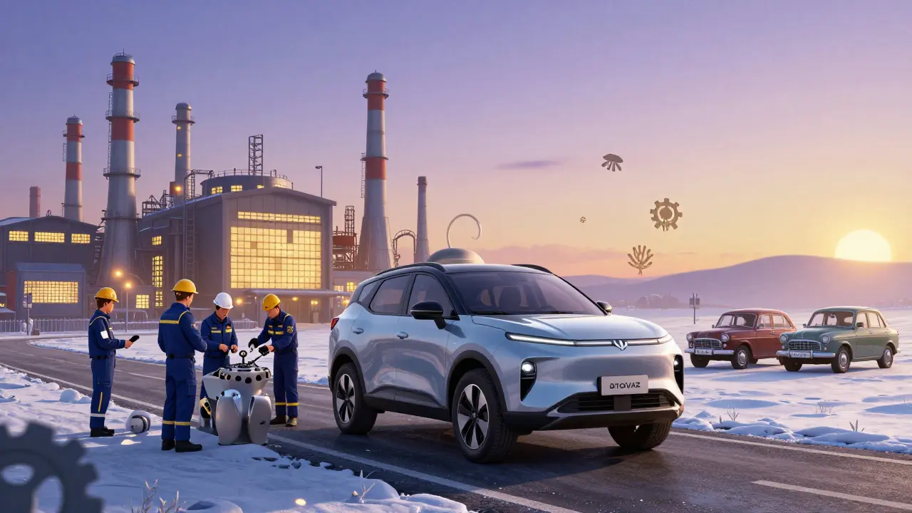 Modern Lada Niva on a snowy road with Russian engineers and a glowing factory in the background.