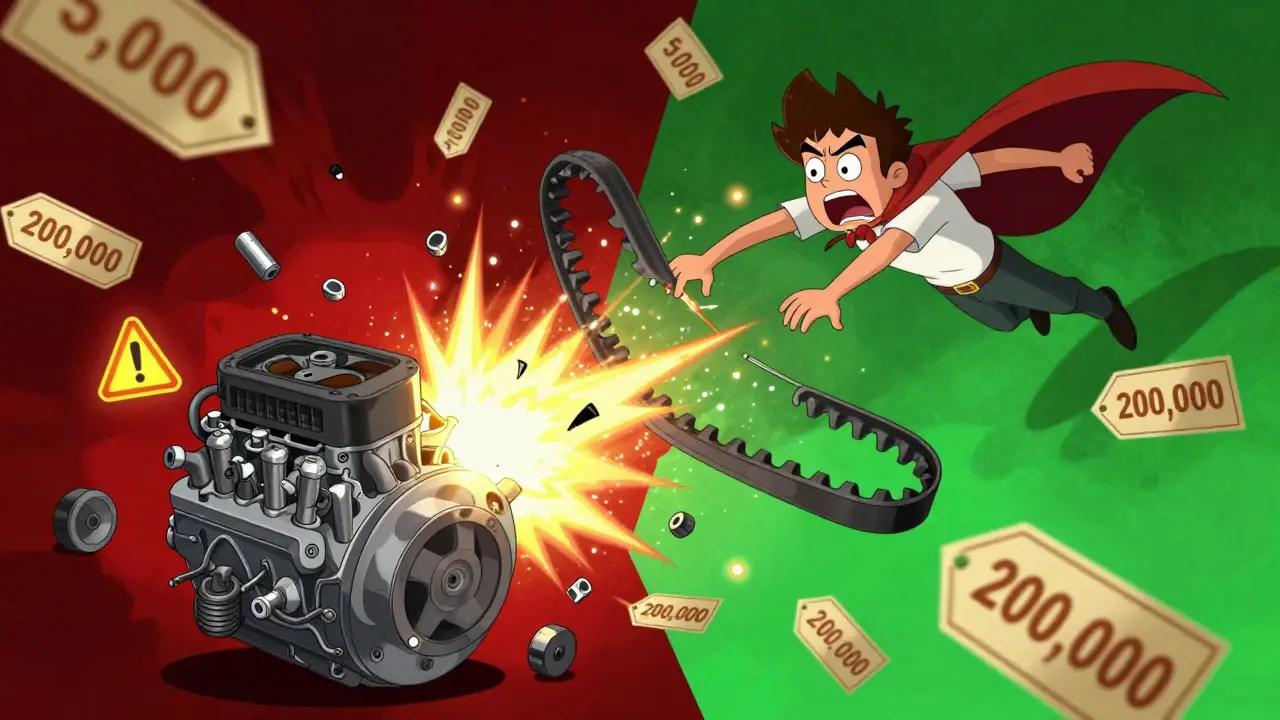 Обрыв ремня ГРМ угрожает двигателю, пока новый ремень спасает его от катастрофы.