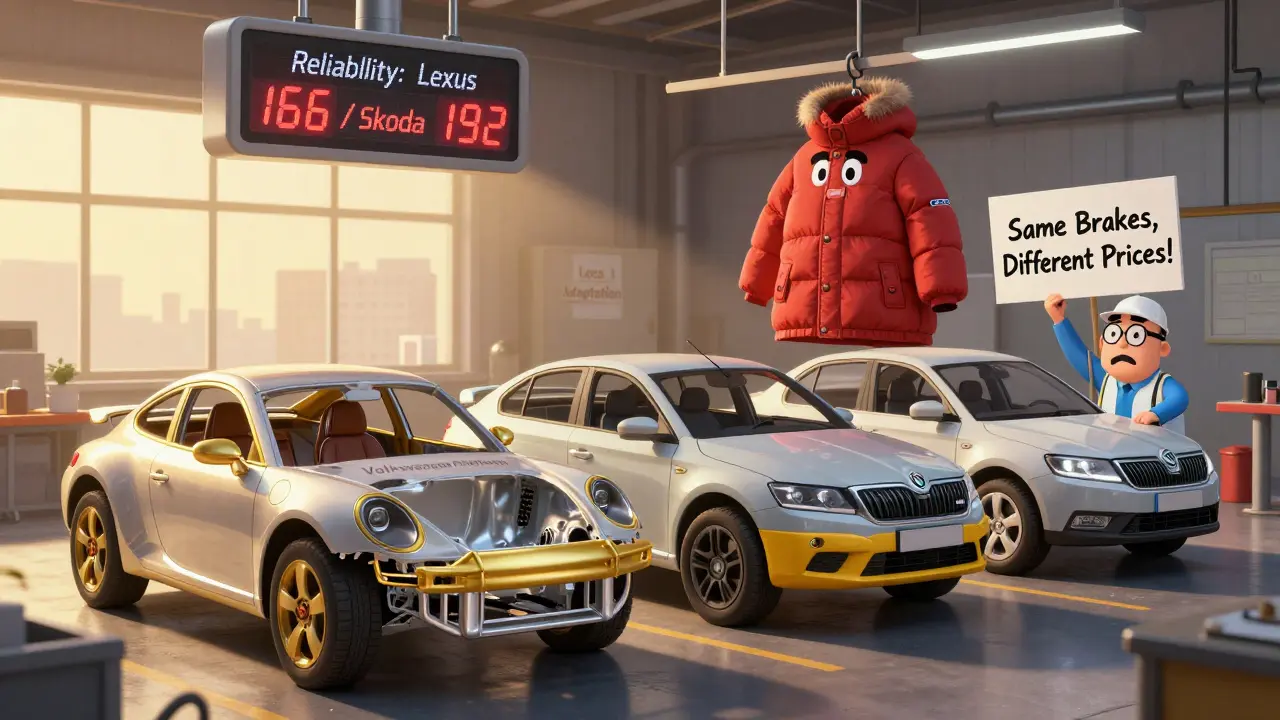 Один шасси превращается в Porsche, Skoda и Dacia, инженер с табличкой, цифры надежности в воздухе.