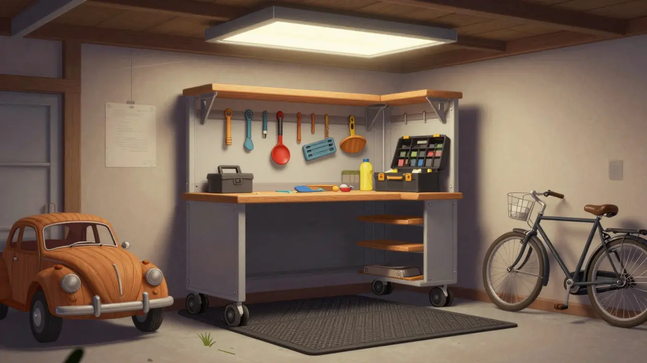 Передвижной верстак в углу гаража с магнитными полосками и прозрачными ящиками.