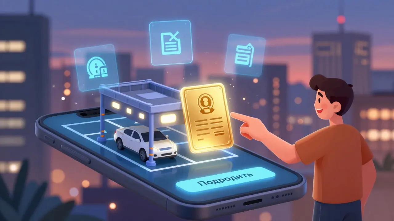 Пользователь на смартфоне подтверждает оформление машиноместа через цифровую платформу.