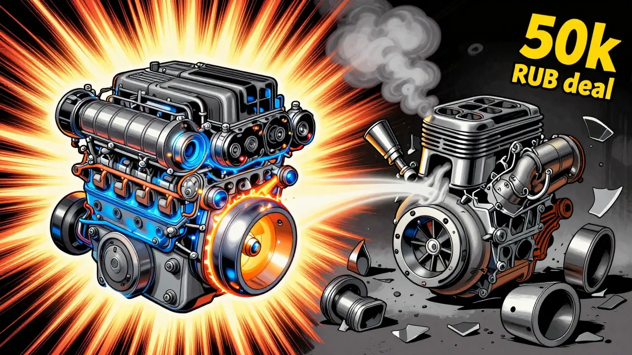 Разделённая сцена: с одной стороны — прочный турбированный двигатель, с другой — разрушающийся мотор с дешёвыми деталями.