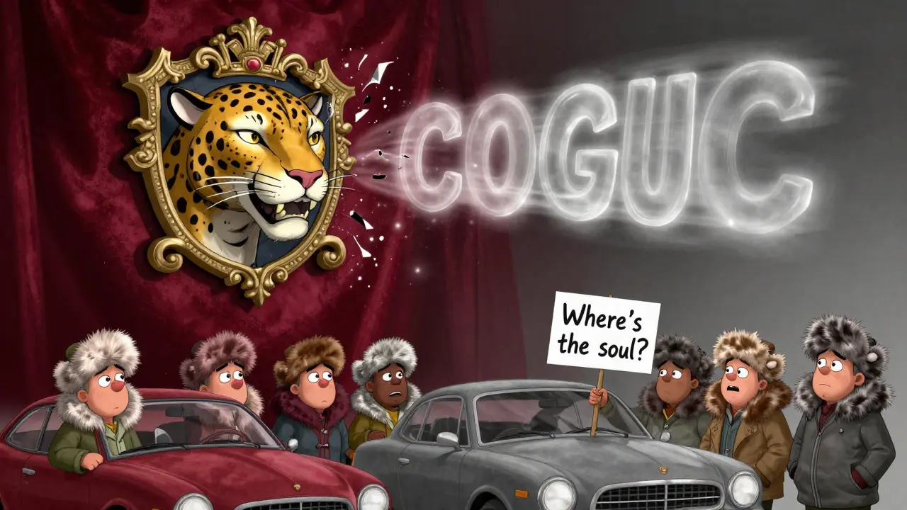 Разрушающийся герб Jaguar на фоне удивленных владельцев, рядом — прозрачный шрифт, символизирующий потерю эмоций.