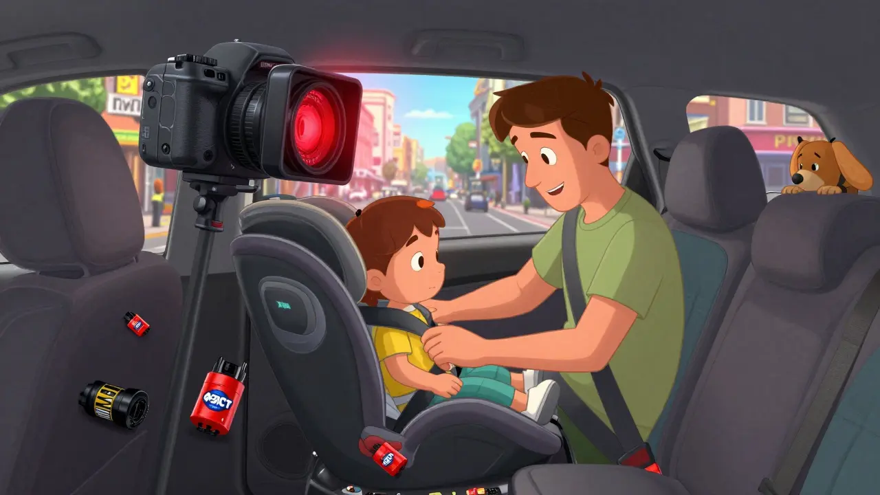 Родитель устанавливает сертифицированное детское кресло, а адаптеры ФЭСТ лежат рядом.