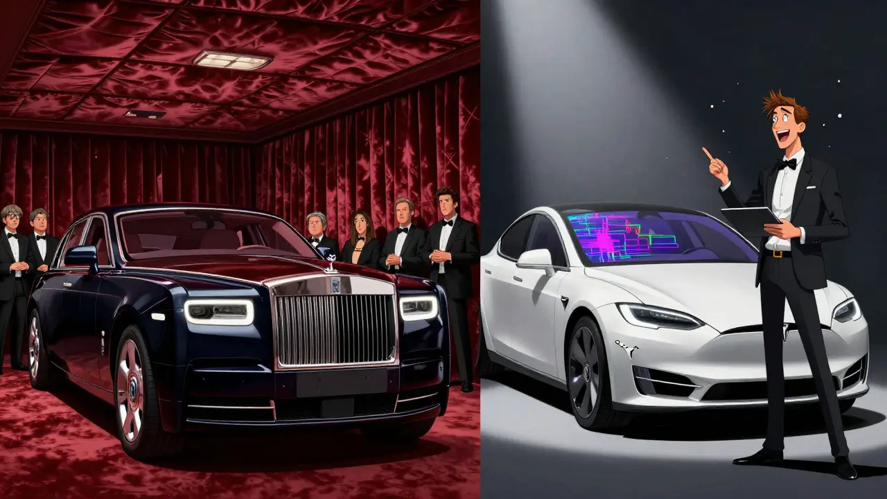 Роллс-Ройс Фантом с ручной шелковой отделкой против Tesla с техническими сбоями.