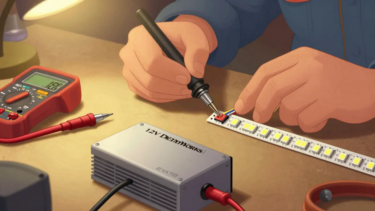 Руки мастера паяют светодиодную ленту 12В с использованием стабилизатора напряжения.