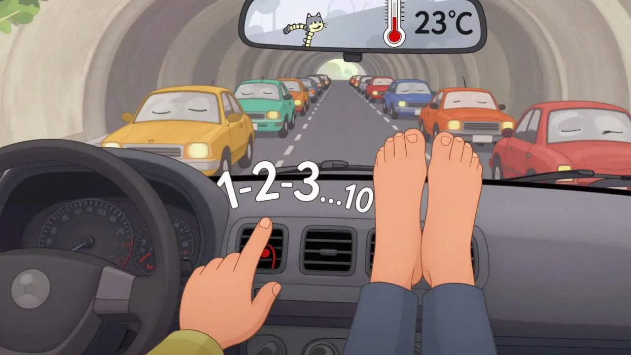 Руки водителя плавно управляют педалями, пятки поднимаются, на приборной панели — термометр и улыбающаяся спина.