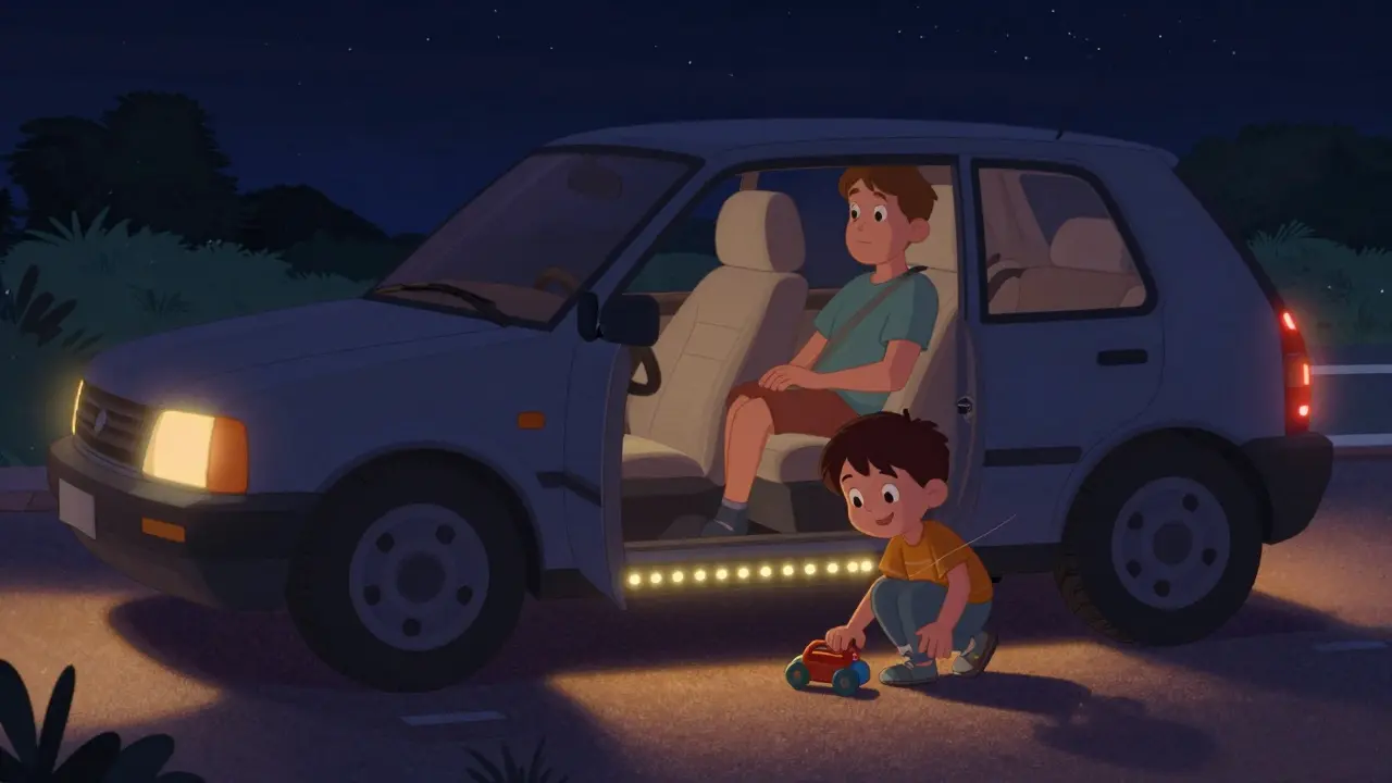 Семья в машине ночью — мягкий свет лент под сиденьями освещает пол, не слепя водителя.