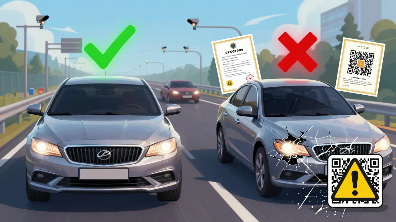 Сравнение легальной и нелегальной тонировки: зелёная отметка GOST 70+ и красный крест над разрушающейся плёнкой.