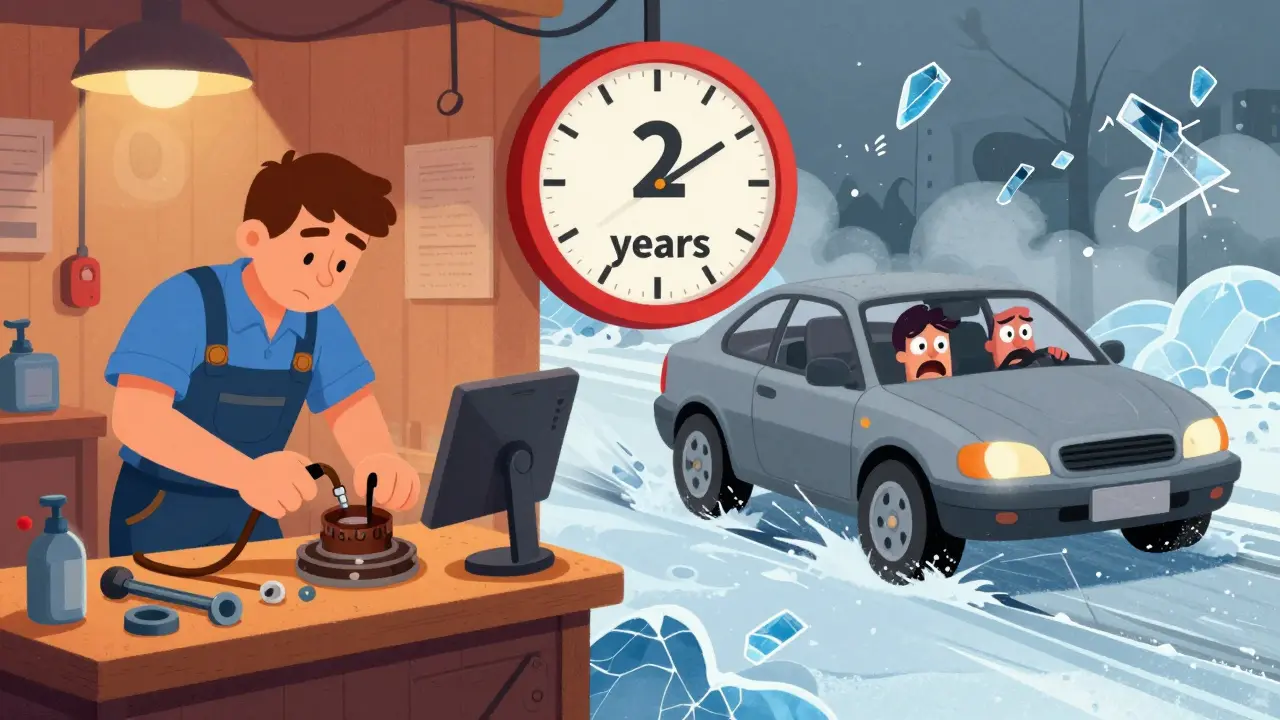 Сравнение: механик заменяет тормозную жидкость слева, машина скользит на льду справа.