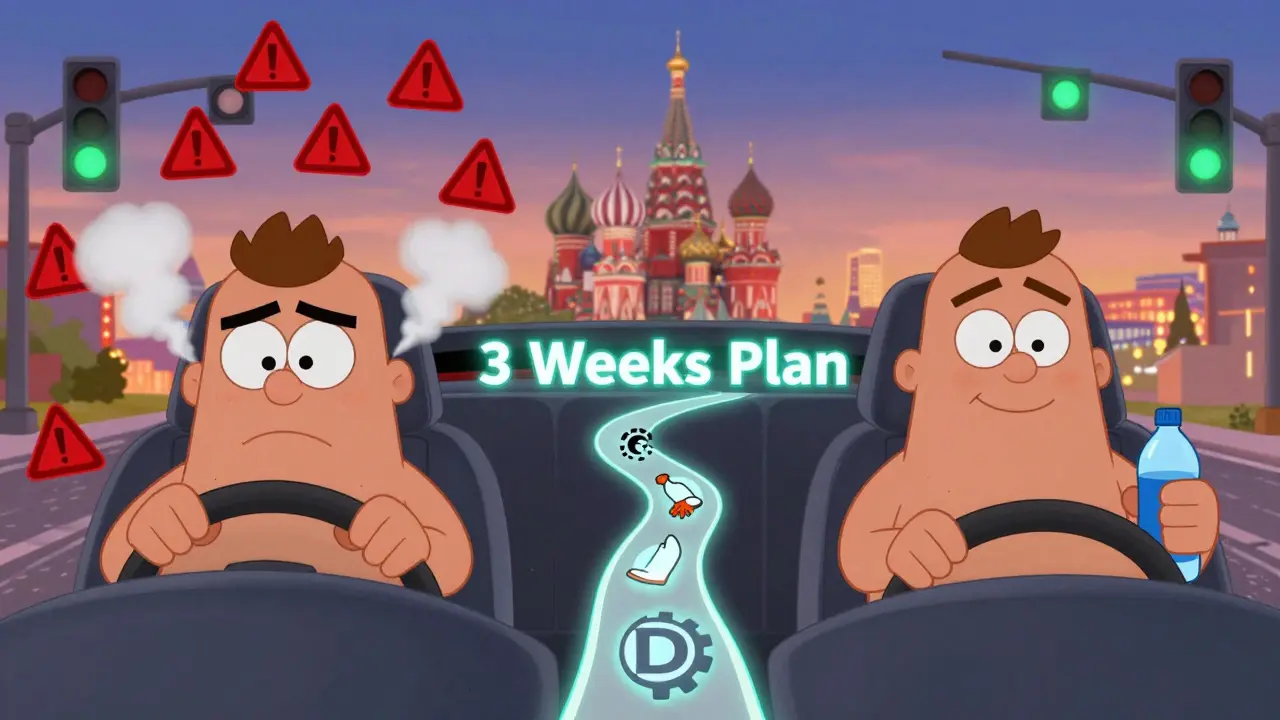 Сравнение напряжённого и спокойного водителя на фоне трёхнедельного плана, ведущего к устойчивому вождению.