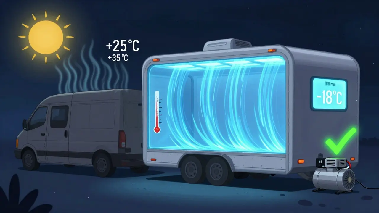 Сравнение обычного фургона и изотермического прицепа: один перегревается, другой сохраняет холод под солнцем.