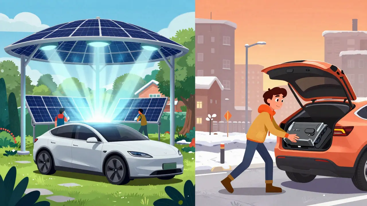 Сравнение: огромная солнечная станция в дворе и компактная портативная система, которую кладут в багажник.