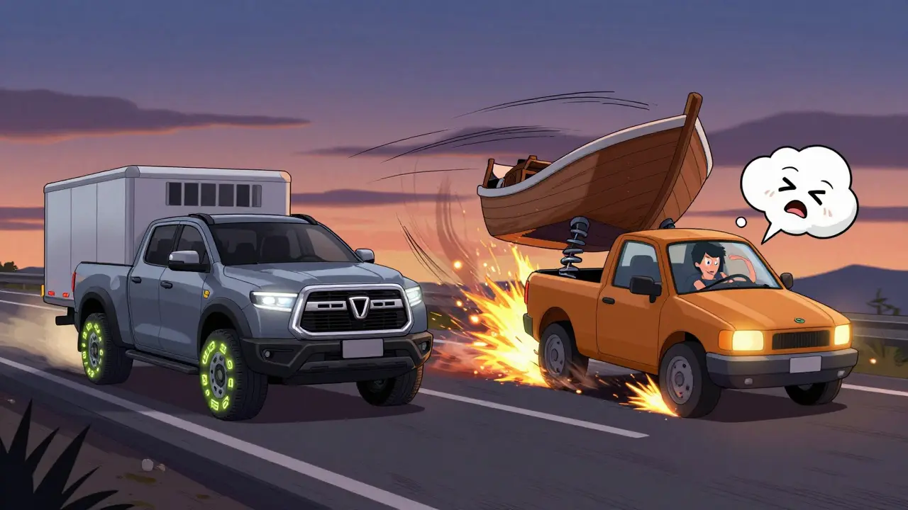 Сравнение устойчивости двух пикапов на трассе: один стабилен, другой раскачивается с прицепом.