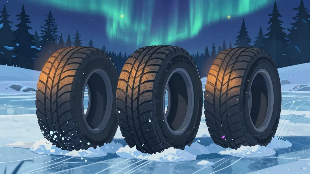 Три зимние шины на льду: Continental, Nokian и Gislaved, с акцентом на их структуру и сцепление.