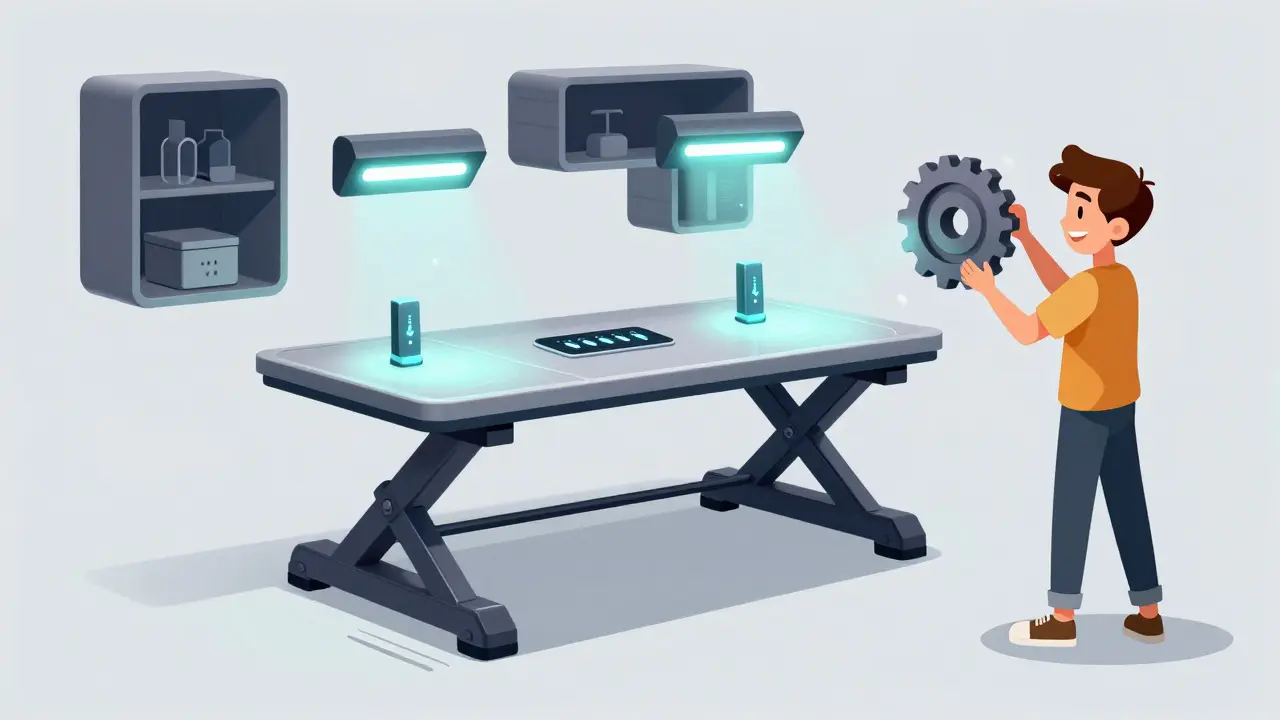 Умный верстак 2025 года с подъёмной столешницей и встроенными розетками.