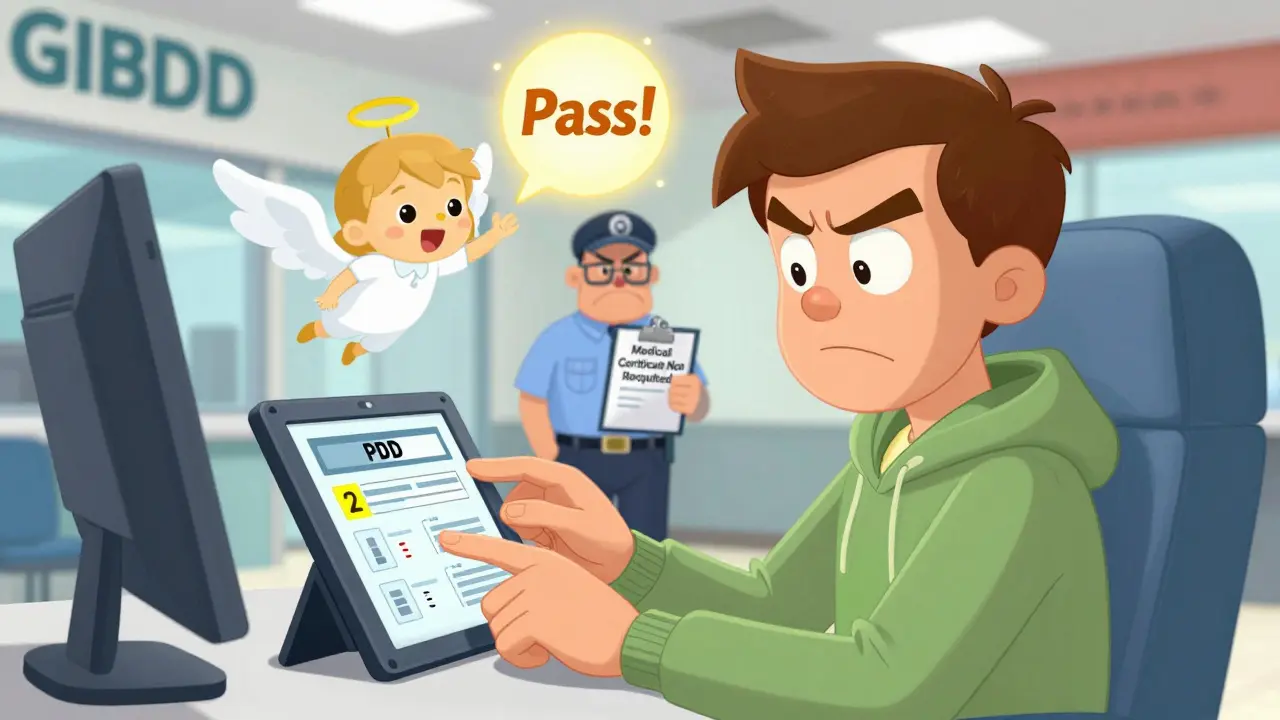 Водитель сдаёт теоретический экзамен по ПДД, на экране — два ошибки и надпись &#039;Прошёл!&#039;