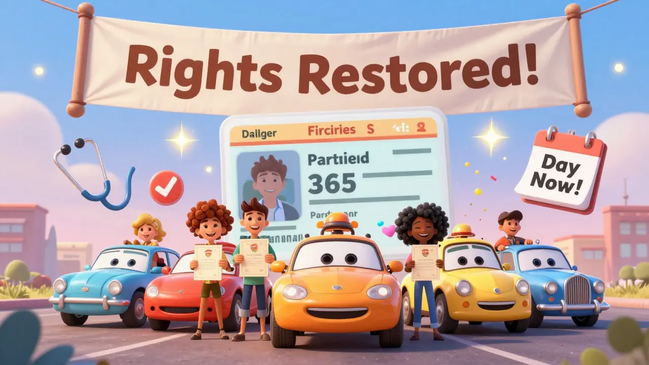 Водители получают права, вокруг летают символы медицинской справки, штрафов и календаря.