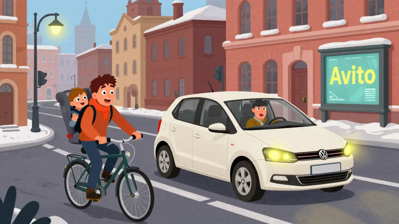 Volkswagen Polo stopping just in time to save a cyclist, with a happy family inside, in cheerful cartoon style.