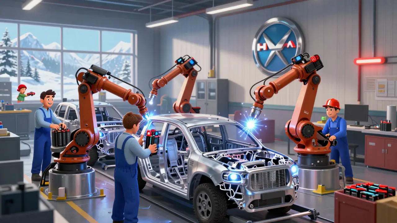 Завод в Туле, где собирают Haval, рабочие и роботы на сборочной линии, снег за окном.