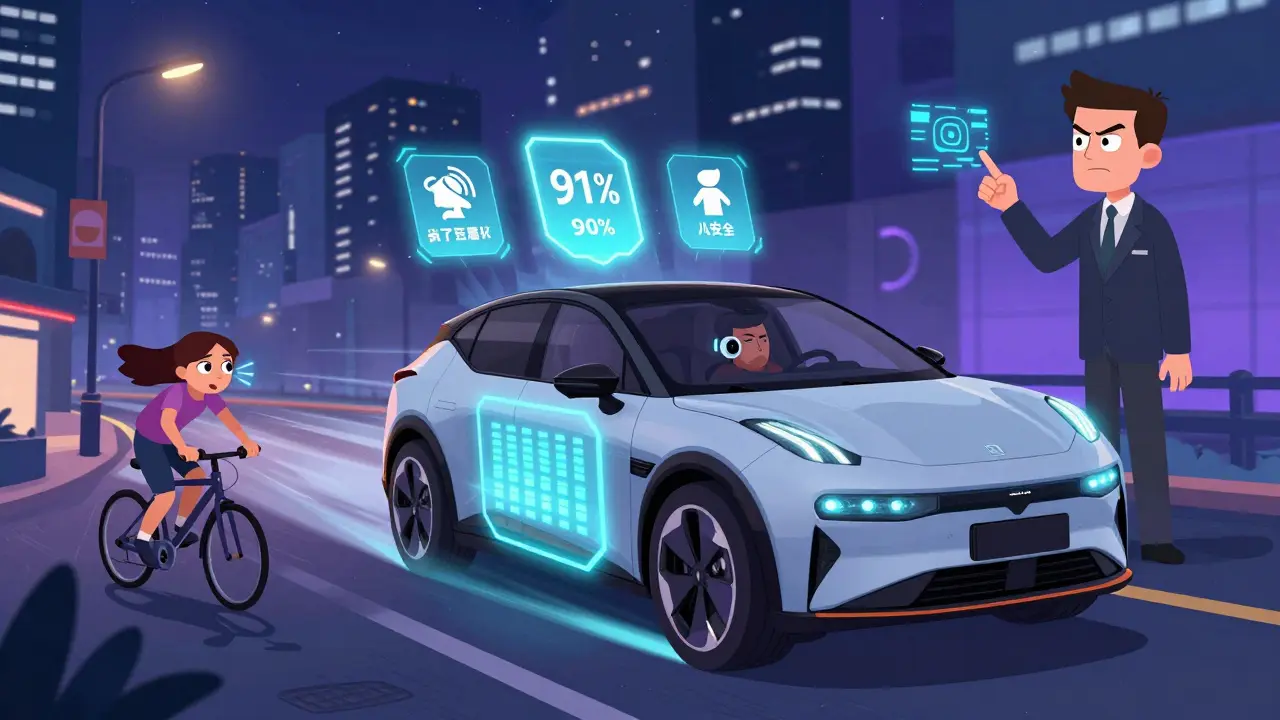 Zeekr X electric SUV with holographic safety alerts and a tired driver, glowing in a neon city at night, DreamWorks style.