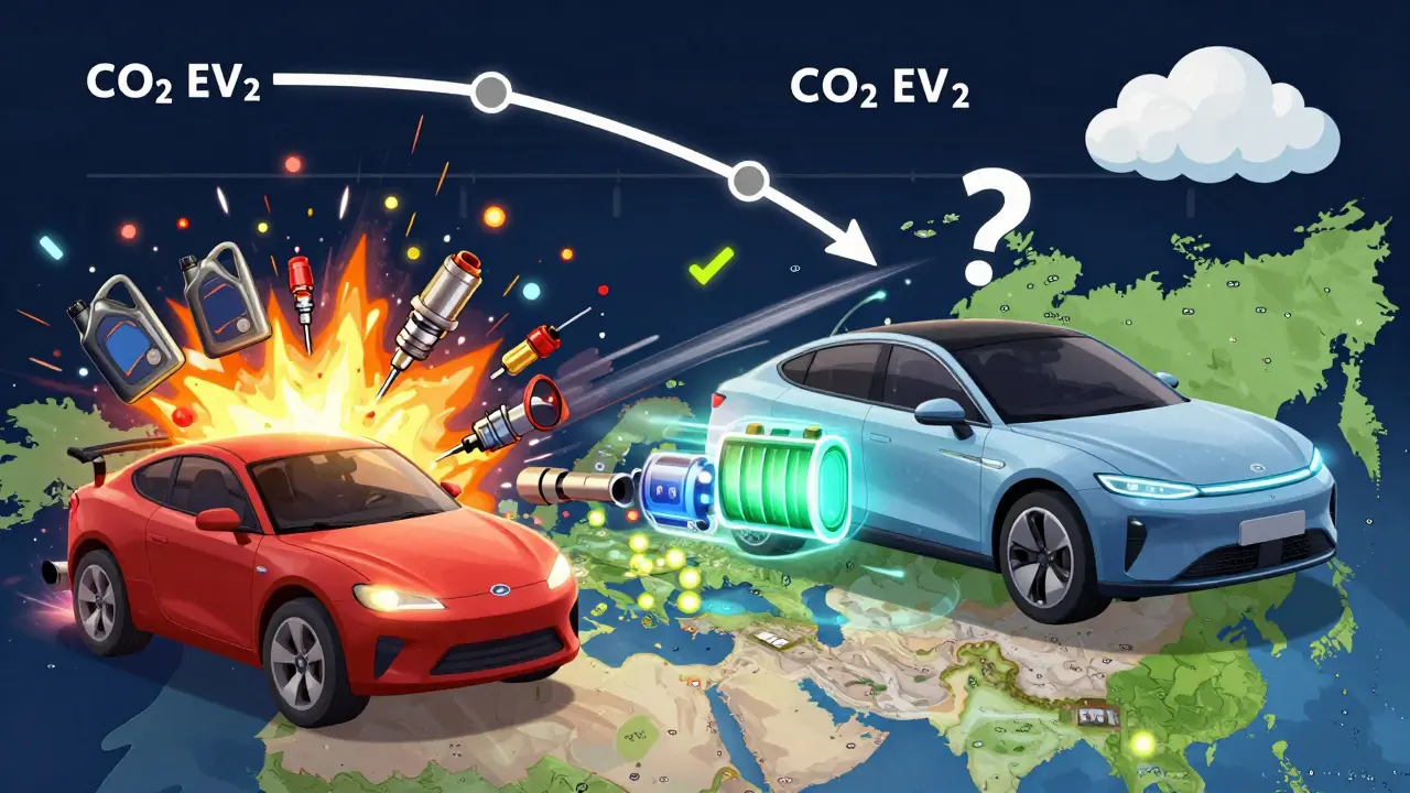 Анимированная диаграмма: бензиновая машина разваливается, электромобиль светится и работает тихо.