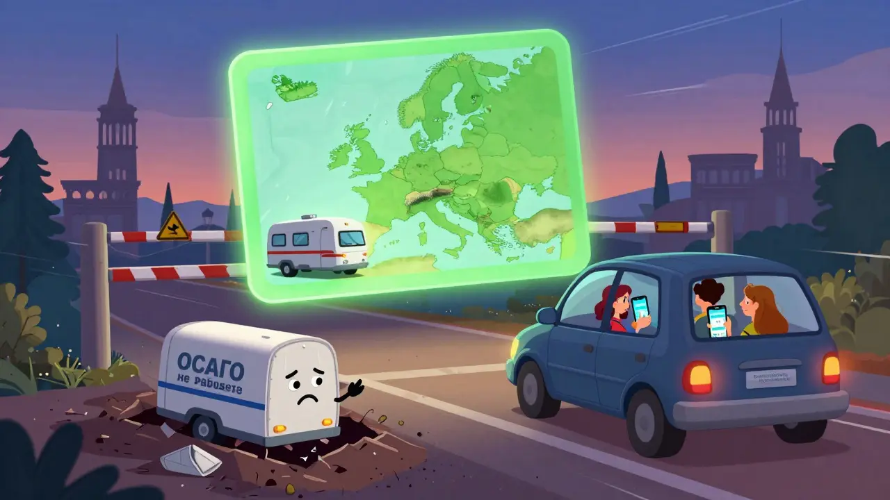 Автомобиль с прицепом подъезжает к границе, над ним светится «Зеленая карта», а сломанный прицеп в кювете — напоминание о риске.