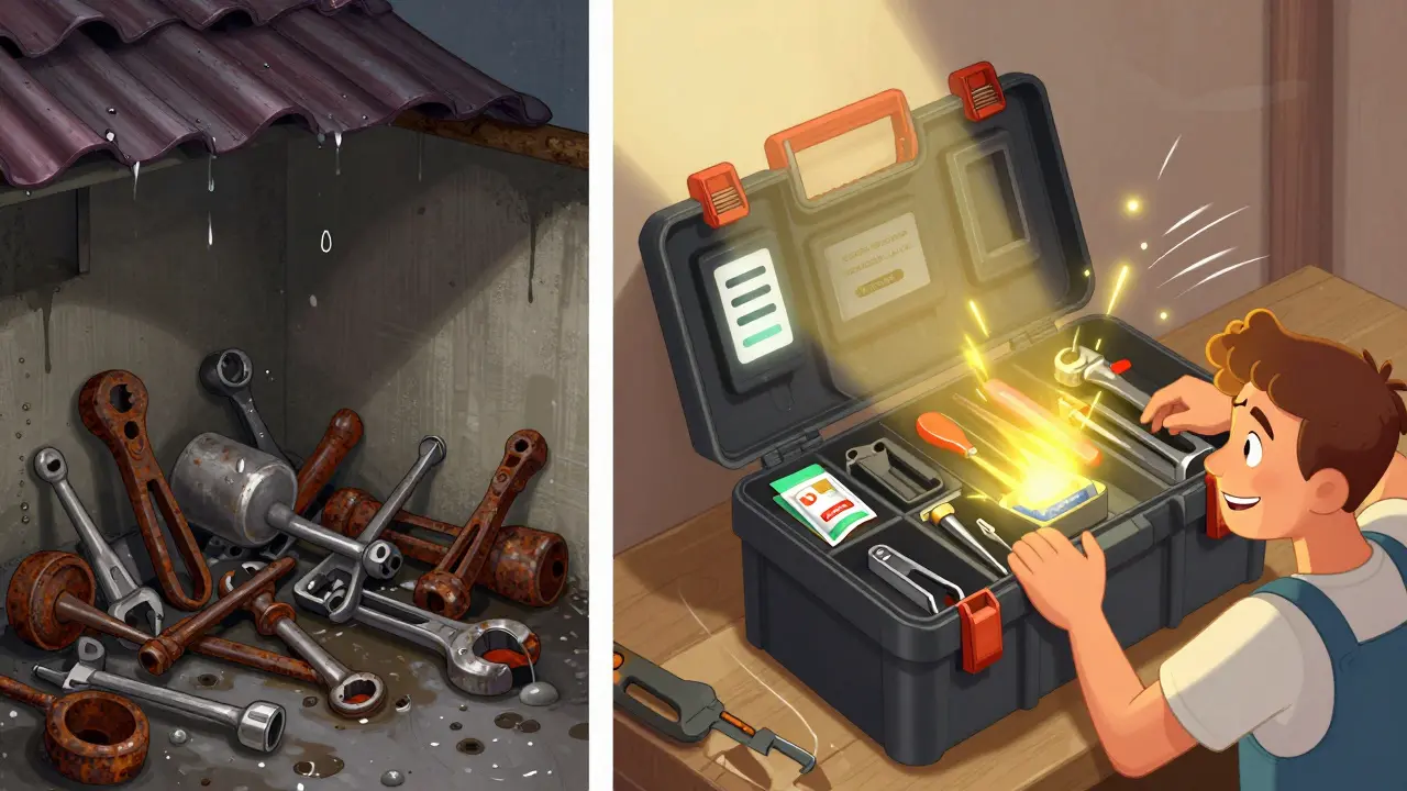 Два противоположных образа хранения инструментов: хаос и упорядоченный кейс с подсветкой.