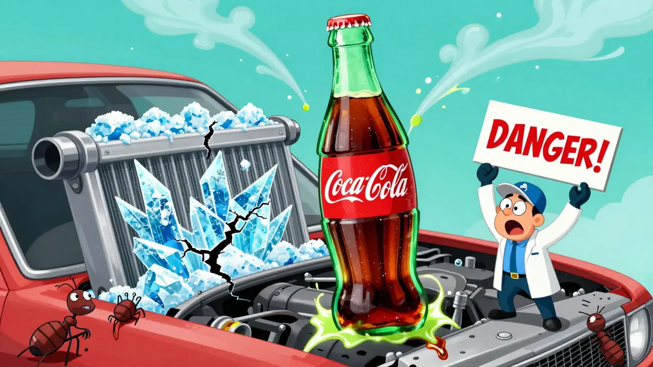 Гигантская бутылка колы угрожает мотору, сахар кристаллизуется в радиаторе, механик в панике.